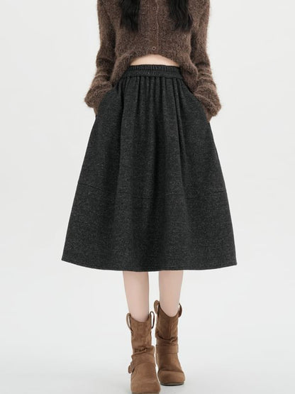 Elastic Waist Plain Midi A-Line Skirt