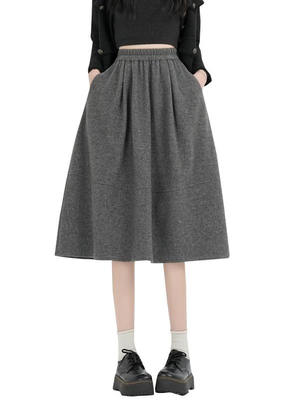 Elastic Waist Plain Midi A-Line Skirt