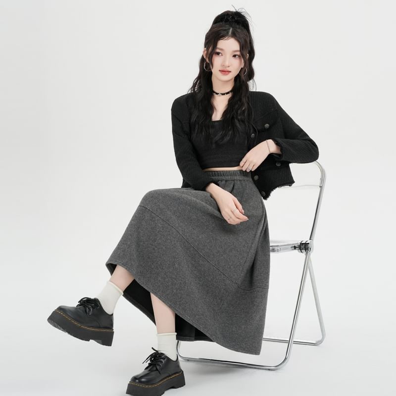 Elastic Waist Plain Midi A-Line Skirt
