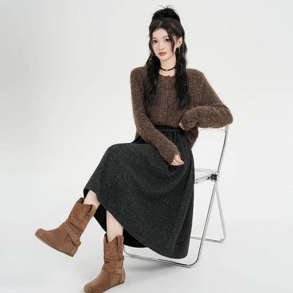 Elastic Waist Plain Midi A-Line Skirt