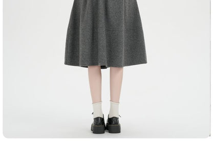 Elastic Waist Plain Midi A-Line Skirt