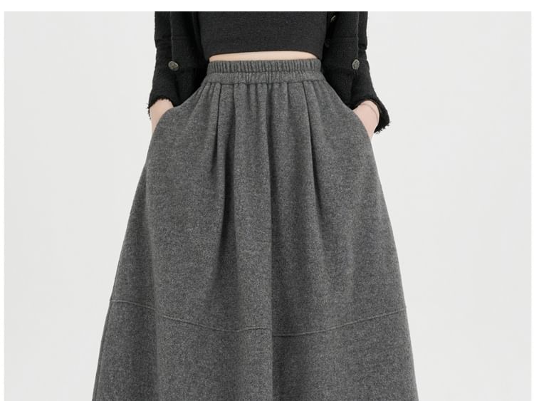 Elastic Waist Plain Midi A-Line Skirt