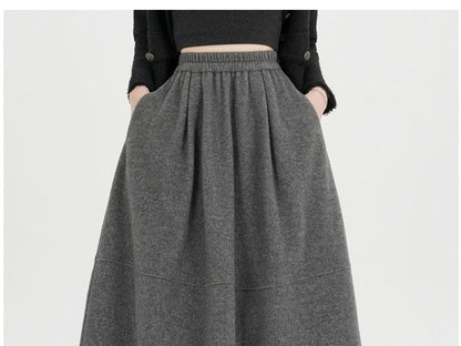 Elastic Waist Plain Midi A-Line Skirt