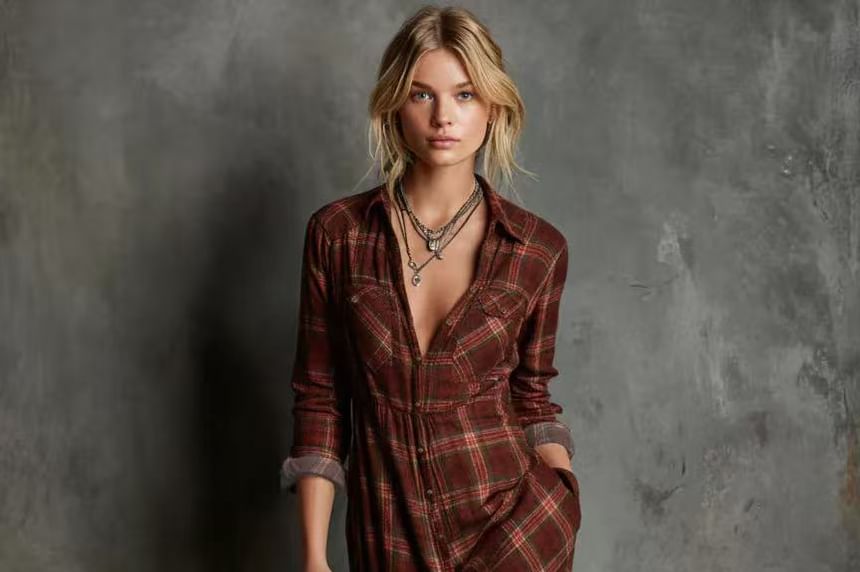 Long Sleeve Collared Plaid Maxi A-Line Shirt Dress