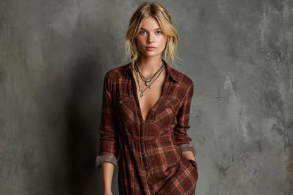 Long Sleeve Collared Plaid Maxi A-Line Shirt Dress
