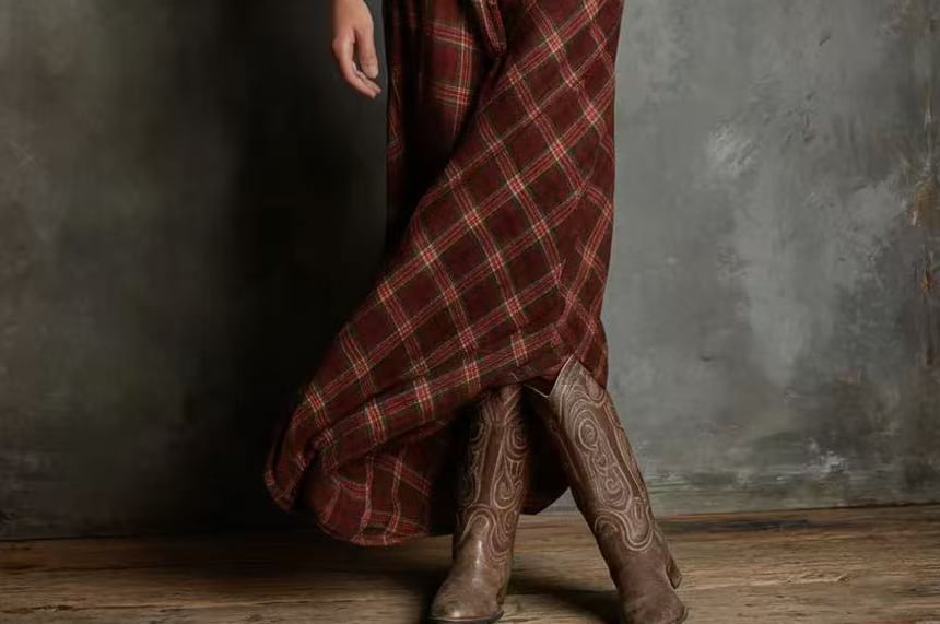 Long Sleeve Collared Plaid Maxi A-Line Shirt Dress