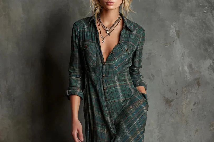 Long Sleeve Collared Plaid Maxi A-Line Shirt Dress
