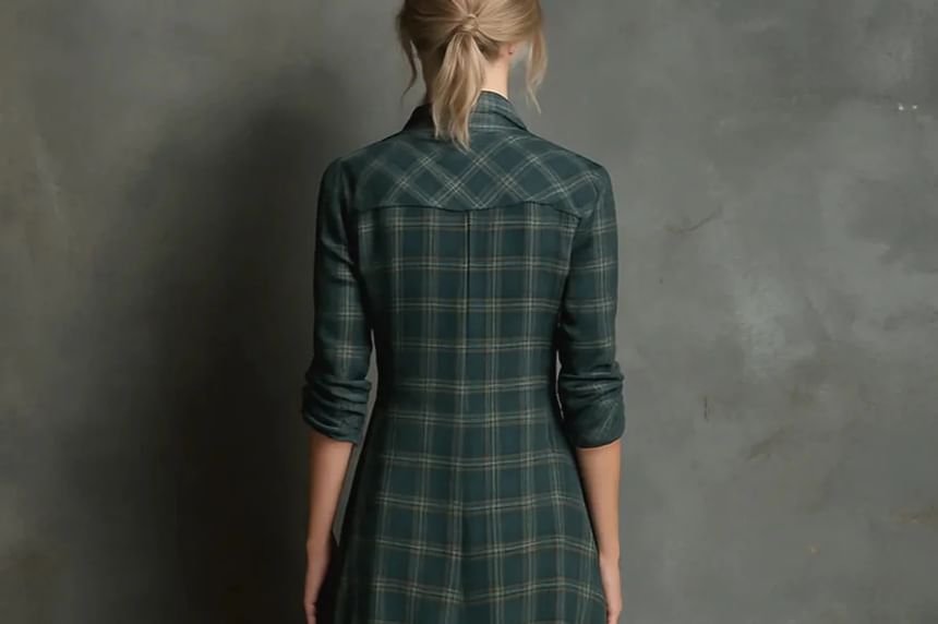 Long Sleeve Collared Plaid Maxi A-Line Shirt Dress