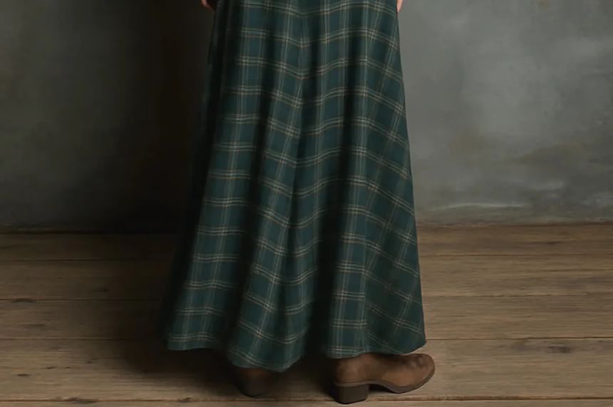 Long Sleeve Collared Plaid Maxi A-Line Shirt Dress