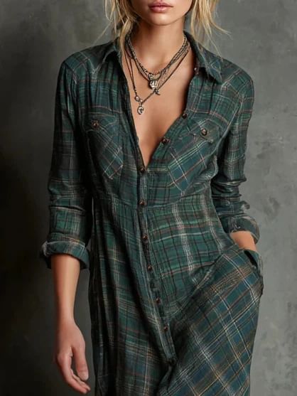 Long Sleeve Collared Plaid Maxi A-Line Shirt Dress