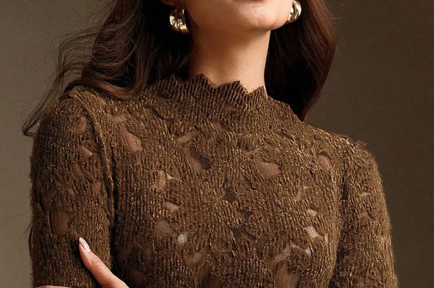 Mock Neck Lace-Trim Top with Fitted Cut
