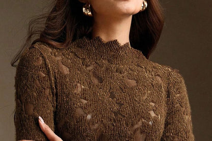 Mock Neck Lace-Trim Top with Fitted Cut