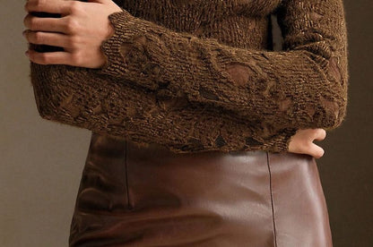 Mock Neck Lace-Trim Top with Fitted Cut