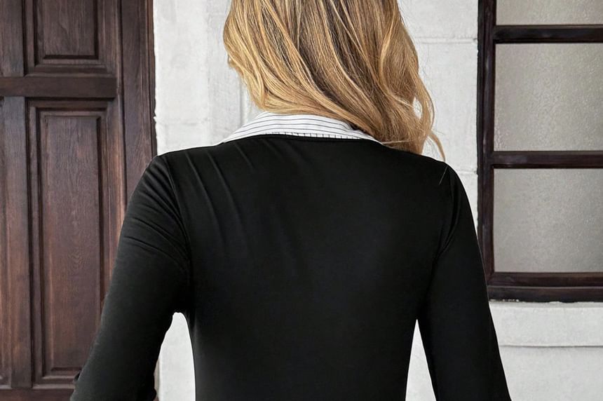 Striped V-Neck Slim Top with Contrast Panels