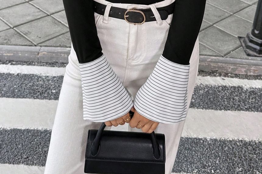 Striped V-Neck Slim Top with Contrast Panels
