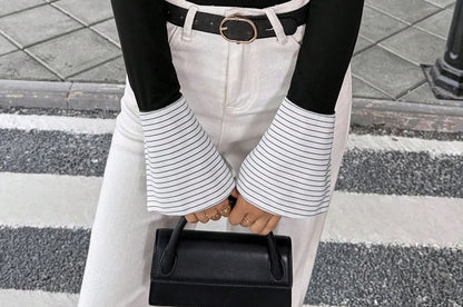 Striped V-Neck Slim Top with Contrast Panels