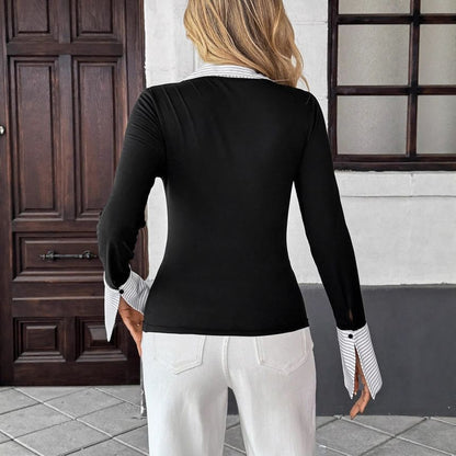 Striped V-Neck Slim Top with Contrast Panels