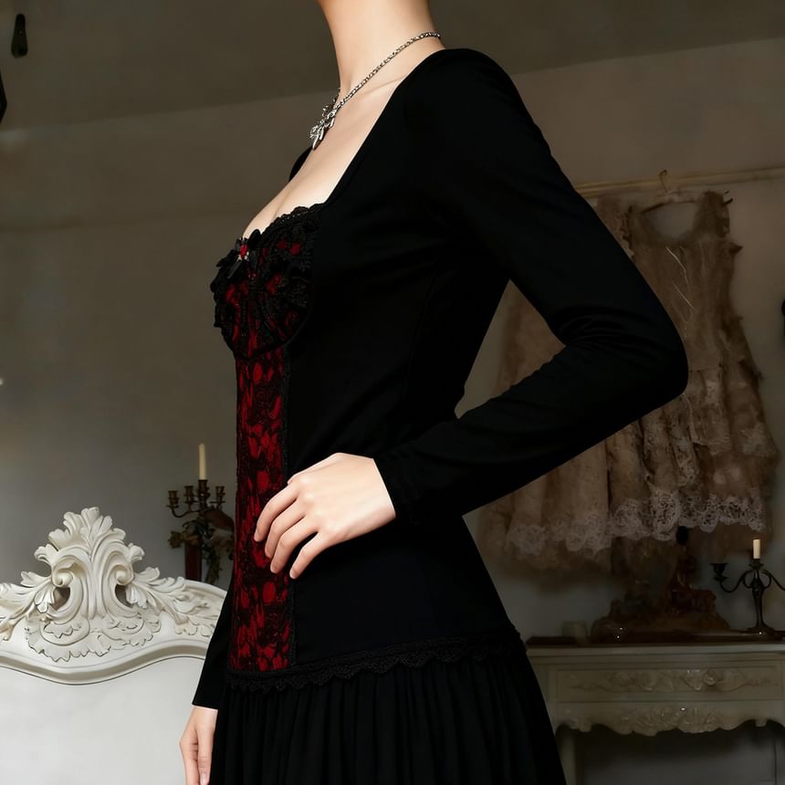 Square-Neck Lace Long-Sleeve Top