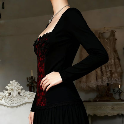 Square-Neck Lace Long-Sleeve Top