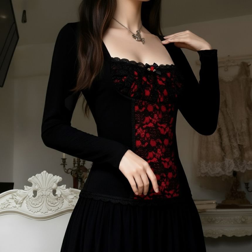 Square-Neck Lace Long-Sleeve Top