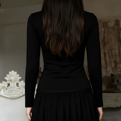 Square-Neck Lace Long-Sleeve Top