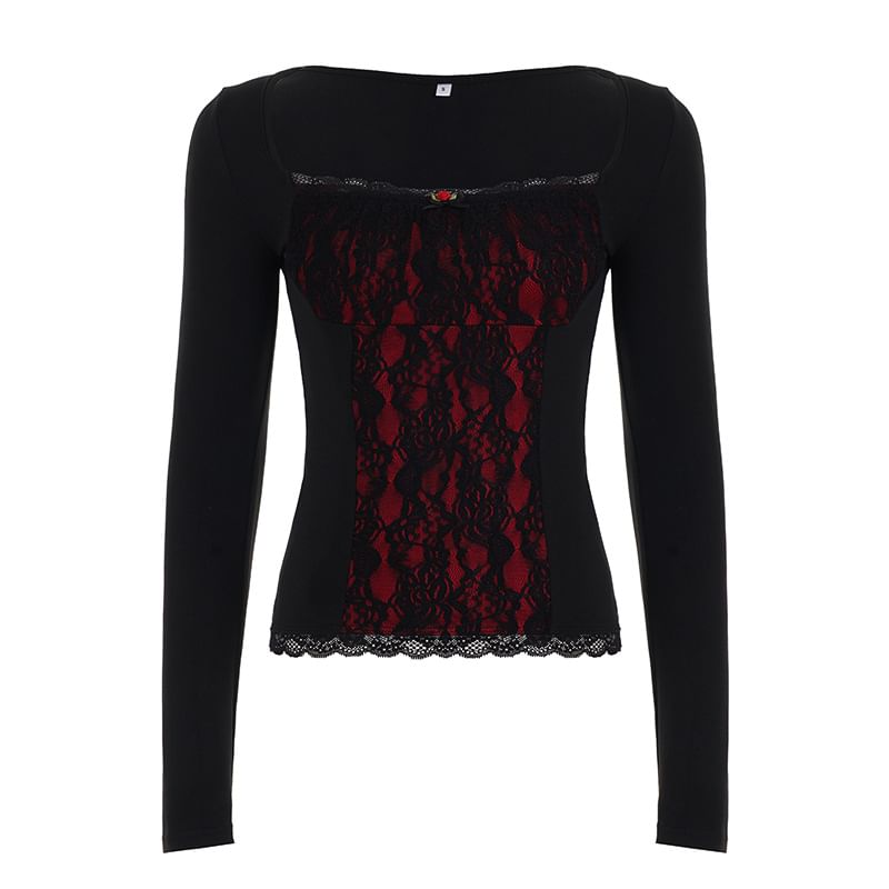 Square-Neck Lace Long-Sleeve Top