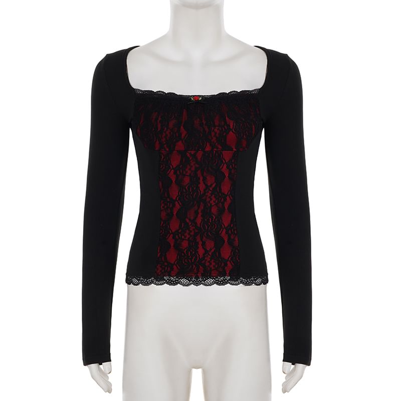 Square-Neck Lace Long-Sleeve Top