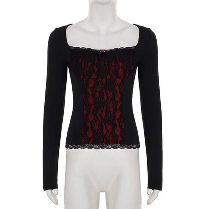 Square-Neck Lace Long-Sleeve Top