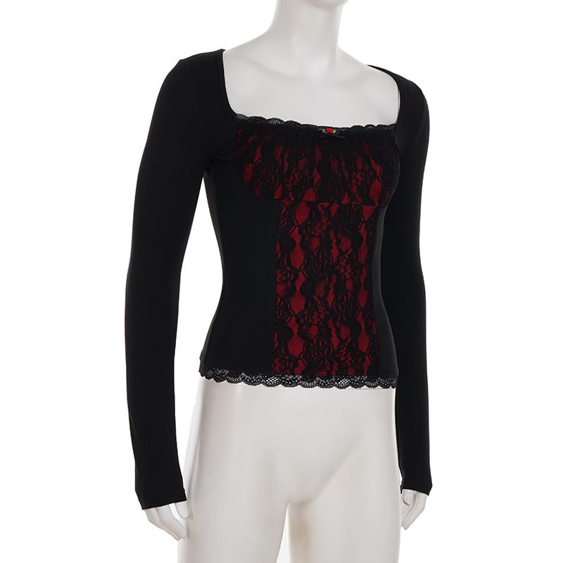 Square-Neck Lace Long-Sleeve Top
