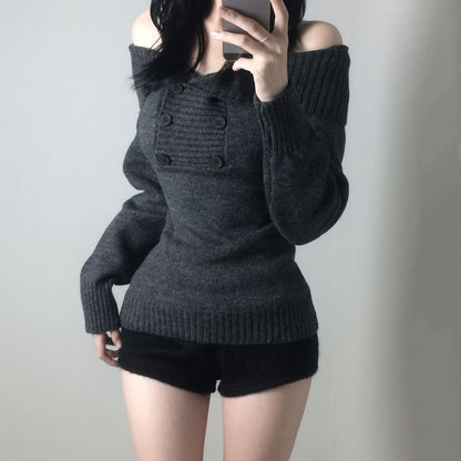 Off-Shoulder Slim Knit Sweater in Solid Shade