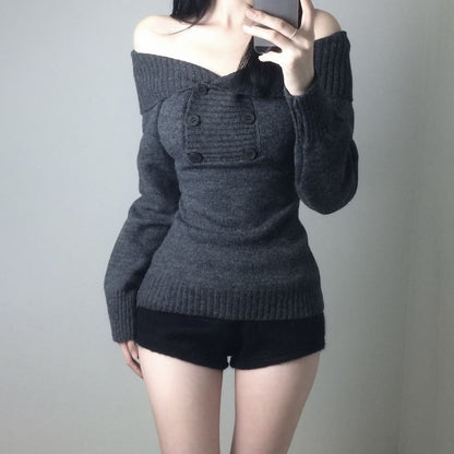 Off-Shoulder Slim Knit Sweater in Solid Shade