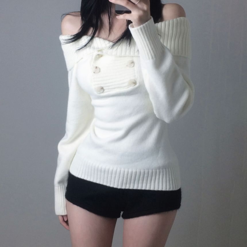 Off-Shoulder Slim Knit Sweater in Solid Shade