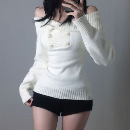 Off-Shoulder Slim Knit Sweater in Solid Shade