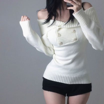 Off-Shoulder Slim Knit Sweater in Solid Shade