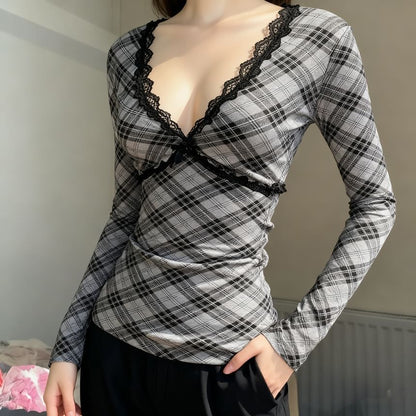 Plaid V-Neck Top with Lace Accent and Slim Fit