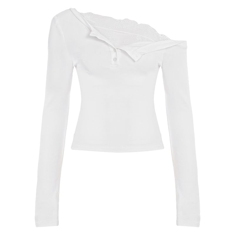Slim Off-Shoulder Lace-Trim Crop Top with Long Sleeves