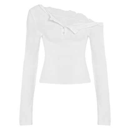 Slim Off-Shoulder Lace-Trim Crop Top with Long Sleeves