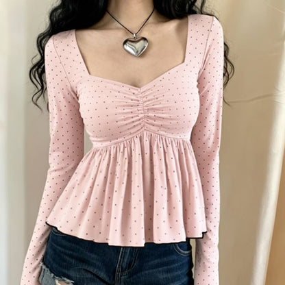 Square Neck Polka Dot Peplum with Long Sleeves