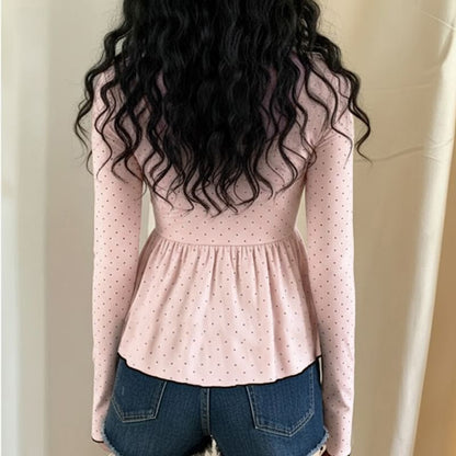 Square Neck Polka Dot Peplum with Long Sleeves