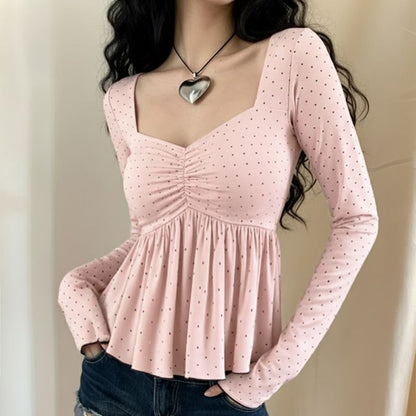 Square Neck Polka Dot Peplum with Long Sleeves