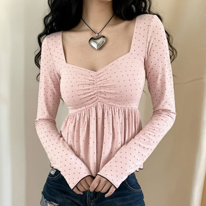 Square Neck Polka Dot Peplum with Long Sleeves