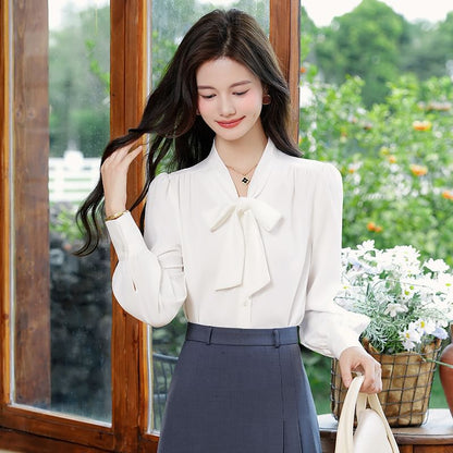 Long-Sleeve Tie-Neck Blouse and Pleated Midi Skirt Ensemble
