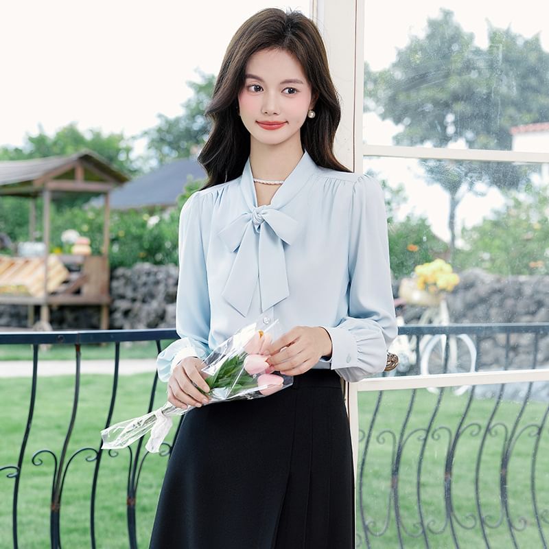 Long-Sleeve Tie-Neck Blouse and Pleated Midi Skirt Ensemble