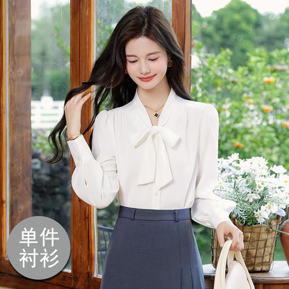Long-Sleeve Tie-Neck Blouse and Pleated Midi Skirt Ensemble