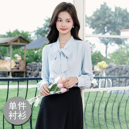 Long-Sleeve Tie-Neck Blouse and Pleated Midi Skirt Ensemble