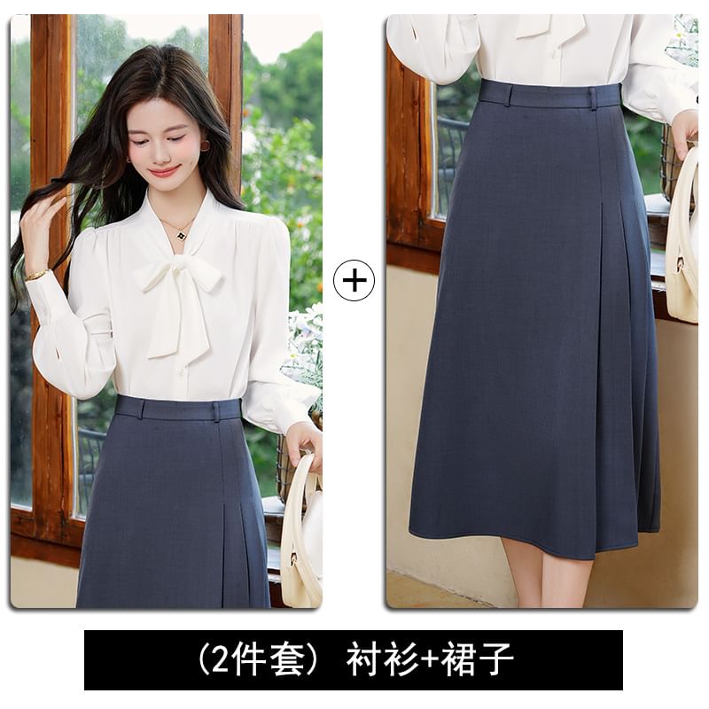 Long-Sleeve Tie-Neck Blouse and Pleated Midi Skirt Ensemble