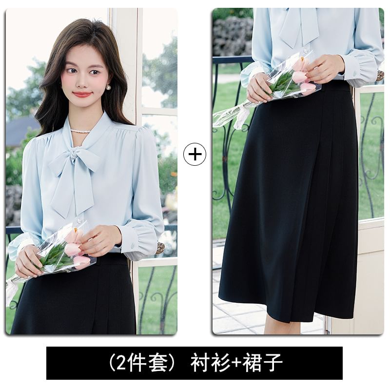 Long-Sleeve Tie-Neck Blouse and Pleated Midi Skirt Ensemble