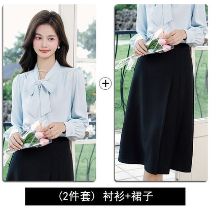 Long-Sleeve Tie-Neck Blouse and Pleated Midi Skirt Ensemble