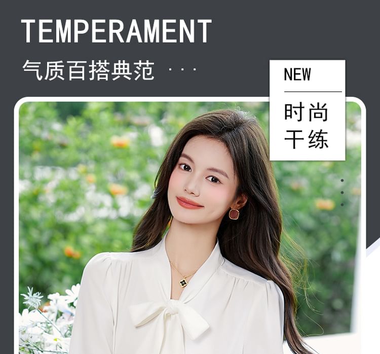 Long-Sleeve Tie-Neck Blouse and Pleated Midi Skirt Ensemble