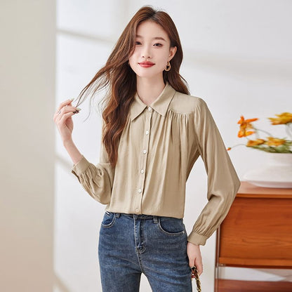 Collared Ruched Satin Shirt with Long Sleeves